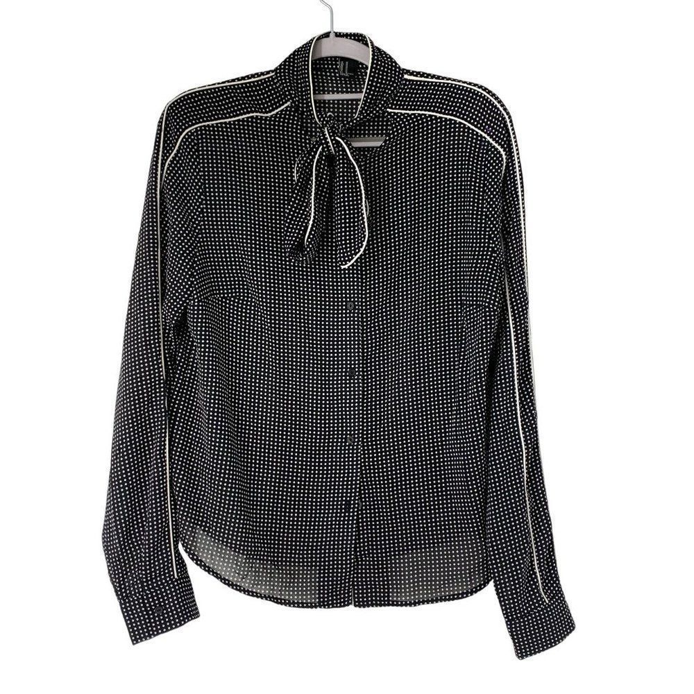 Womens Forever 21 Tie Neck Dot Blouse Size M Black Black EUC Long Sleeve 5075